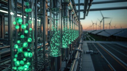 Fototapeta premium Laboratory equipment with glowing green bubbles and wind turbines in the background at sunset, showcasing renewable energy and scientific research advancements.