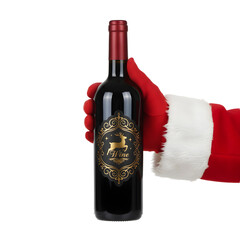 Santa's Hand Holding a Festive Christmas Wine Bottle