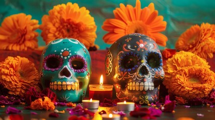 Vibrant Day of the Dead sugar skulls adorned with intricate patterns, surrounded by bright orange marigolds and flickering candles, evoking tradition and remembrance.