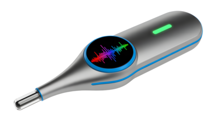 Futuristic digital thermometer with vibrant sound wave display and glowing green indicator light for advanced health monitoring