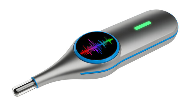 Futuristic digital thermometer with vibrant sound wave display and glowing green indicator light for advanced health monitoring