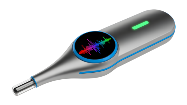 Futuristic digital thermometer with vibrant sound wave display and glowing green indicator light for advanced health monitoring