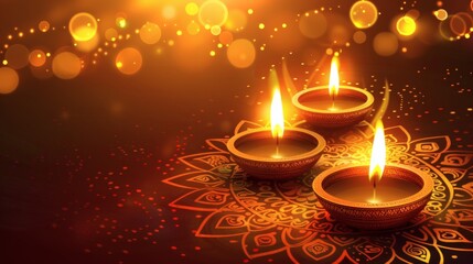 Warm glow of traditional oil lamps illuminating intricate mandala pattern, creating a serene and festive ambiance perfect for cultural celebrations and spiritual themes.