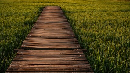 Obraz premium A wooden pathway extending through lush green fields.