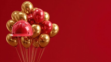 golden balloons and red helmet on red background for builders day celebration