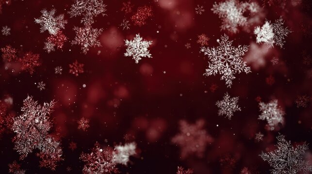 festive background with white and red snowflakes on a dark red bokehfilled backdrop