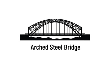 A simple black and white illustration of an arched steel bridge structure