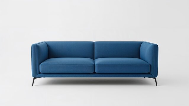 Blue sofa without armrest and with black legs on a plain white background.