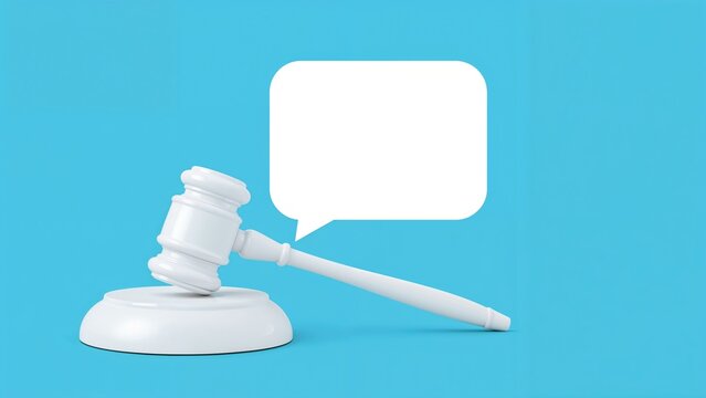 Gavel, speech bubble, and pen on blue background. Justice, legal, and communication concept. The concept of law, speech, and legal communication.