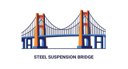 Stylized illustration of a golden gate inspired steel suspension bridge structure