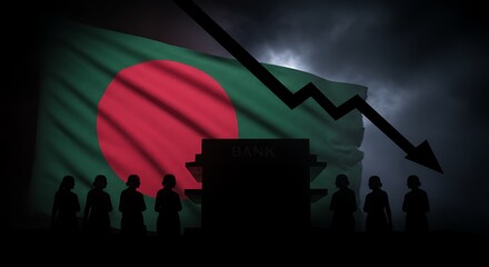 Dramatic depiction of Bangladesh economy facing crisis with falling graph and shadowy figures near bank building