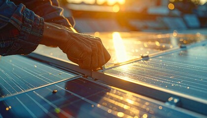 Close-up of hands installing solar panels on a rooftop at sunset, reflecting golden light.