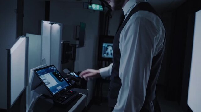 security technician operates biometric kiosk terminal in dim control room, touchscreen interaction and sensor