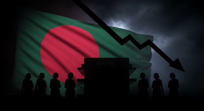 Dramatic depiction of Bangladesh economy facing crisis with falling graph and shadowy figures near bank building - Powered by Adobe