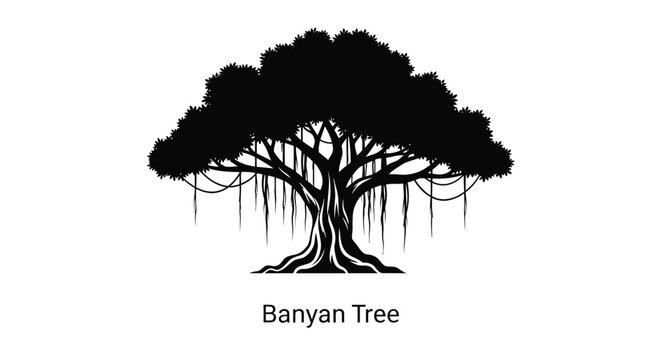 A striking black and white illustration of a majestic banyan tree