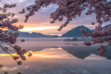 Serene dawn breaks over misty lake with blooming cherry blossoms framing tranquil mountains and soft reflections