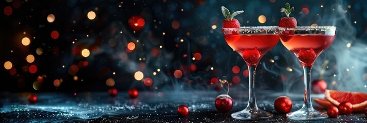Two elegant cocktail glasses filled with red drinks, garnished with cherries and mint leaves. A dark background with colorful bokeh lights, copy space, free space for text