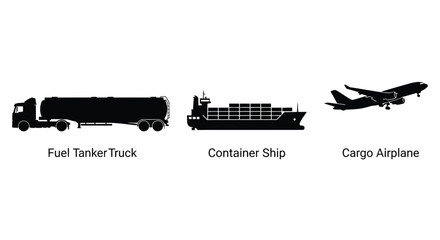 Silhouettes of a fuel tanker truck container ship and cargo airplane © MR