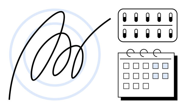 Cursive signature with a blister pack of pills and a marked calendar for medication scheduling. Ideal for health tracking, prescription adherence, pharmacy reminders, planning, medical care, wellness