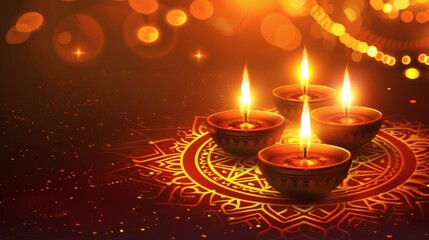 Warm, glowing diyas illuminate a vibrant mandala design, creating a sacred atmosphere for spiritual celebrations and auspicious occasions.