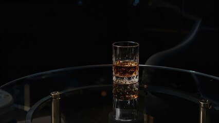 A glass of whiskey on a reflective table surface with a dark background.