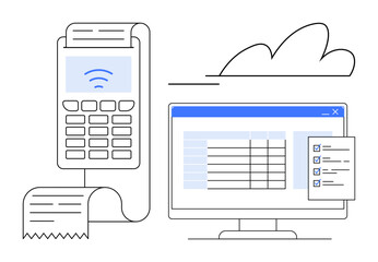 Payment machine with receipt next to monitor displaying table and checklist. Ideal for payment solutions, digital finance, cloud technology, retail management, business operations, data management