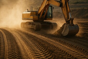 Excavator moving dirt. Heavy equipment with treads and a bucket in a dusty field.