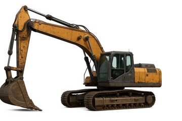 Yellow Excavator on white background ready to work on construction projects.