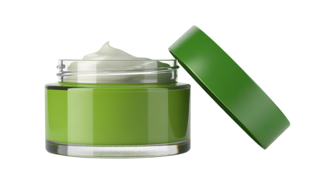 Luxurious green cream jar with cap tilted open, perfect for skincare, beauty, and wellness product mockups and advertising.