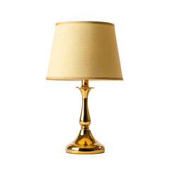 Classic gold table lamp with beige fabric shade isolated on white background. 3D rendering illustration of elegant vintage bedside light