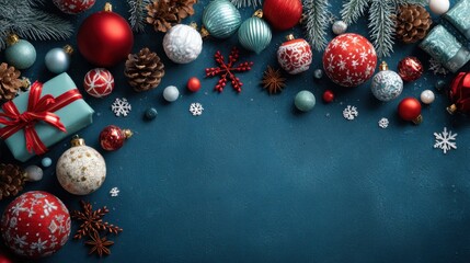 merry christmas and happy holidays greeting card frame banner new year noel red and white christmas decorations and gifts on blue background top view winter xmas holiday celebration theme