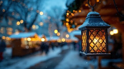 warm light from a snow covered lantern creates a festive atmosphere in a blurred christmas market street at dusk