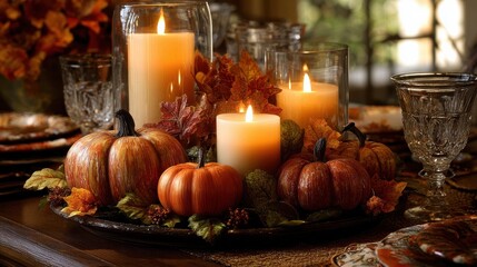 thanksgiving table centerpiece with candles and pumpkins