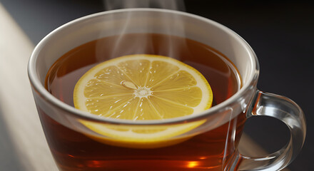 Hot Tea with Lemon Slice in a Glass Cup