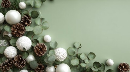 christmas decoration creating a festive atmosphere with white ornaments pine cones and eucalyptus leaves arranged on a soft green background