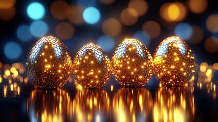 Four glowing golden eggs on dark reflective surface, bokeh