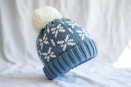 Blue knitted hat with white snowflakes and pompom