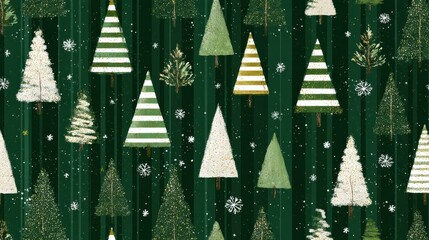 festive green christmas trees with white stripes and delicate snowflakes scattered across a deep forest green background creating a whimsical and charming holiday pattern perfect for seasonal decorat