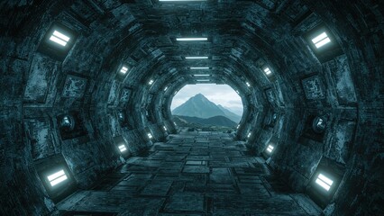 Obraz premium Futuristic tunnel interior with mountain view in the distance, sci-fi setting, advanced technology, and a passageway to the natural landscape.