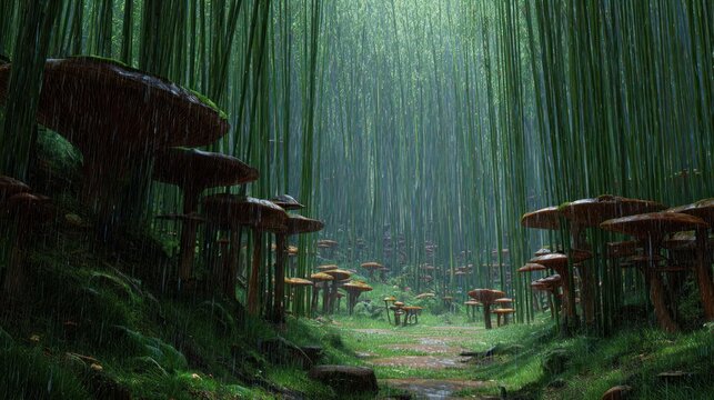 Lush, rain-soaked bamboo forest path lined with giant mushrooms