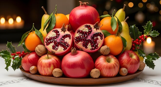 Abundant autumn harvest fruit display with pomegranates apples and gourds