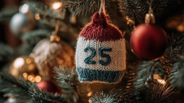 knitted christmas advent calendar with number 25 hanging on decorated christmas tree festive handmade ornament holiday tradition cozy seasonal decoration stock photo