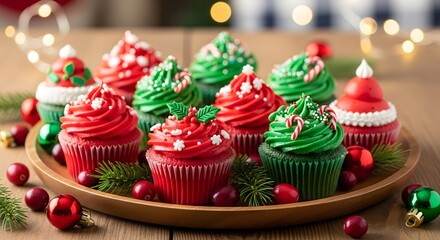 Festive holiday cupcakes decorated with red and green frosting and sprinkles