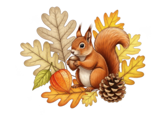 Cute squirrel holding an acorn surrounded by autumn leaves and a pine cone, isolated on transparent background
