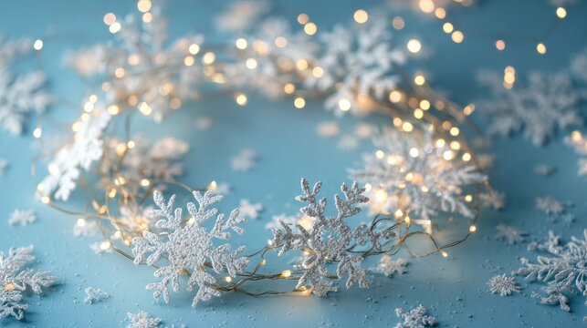 circular arrangement of white snowflakes and star decorations with warm fairy lights on a soft blue background