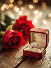 love proposal valentines day and holidays concept  close up of gift box with diamond engagement ring and red roses on wood over lights background vintage effect no logos no brands ar 34