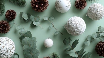 christmas decoration creating a festive atmosphere with white ornaments pine cones and eucalyptus leaves arranged on a soft green background