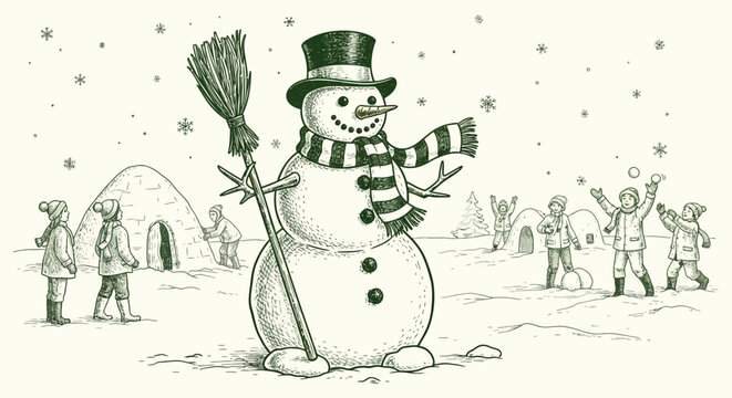 Charming winter scene featuring snowman, igloos, and children playing in the snow, perfect for holiday cards, winter promotions, and festive designs - Powered by Adobe