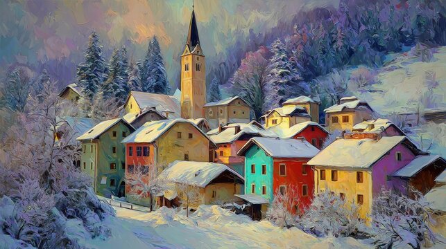 charming snow covered village with colorful houses and a church steeple - Powered by Adobe