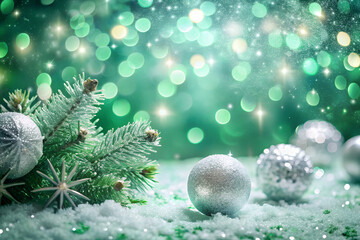 Frosty sparkling green background with silver light reflections and icy particles — elegant and minimal Christmas mood.